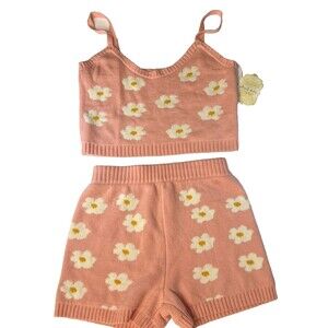 Altar’d State Pink Daisy Knit Matching Lounge Set NWT Crop Tank Shorts L